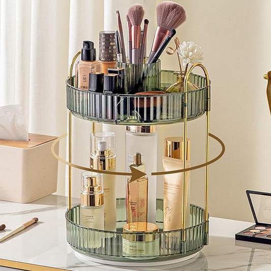 Aveniee Rotating Makeup Organizer for Vanity, Upagraded Perfume Skincare Bathroom Counter Organizers with Brush Divider, 2 Tier Spinning Lipstick Cosmetic Lotion Storage,Green
