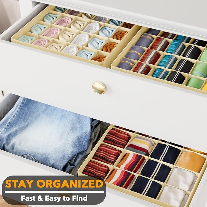 SpaceAid Sock Drawer Organizer Divider 3 Pack, 64 Cell Dresser Closet Nursery Underwear Organizers Storage Bins for Organizing Socks Underwear Ties Belts (Beige)