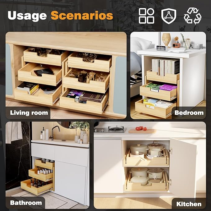 Pull Out Cabinet Organizer, 11''W×21''D Sliding Drawers for Cabinets, Soft Close Slide Out Wooden Pull out Drawers, Base Cabinet Organization for Kitchen, Pantry, Bathroom