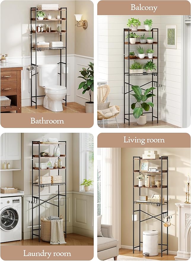 Quikraen 4 Tier Over The Toilet Storage Shelf with 3 Adjustable Shelves, Space Saver Bathroom Organizer with 4 Hooks, Freestanding Above Toilet Rack for Restroom Laundry (Brown)