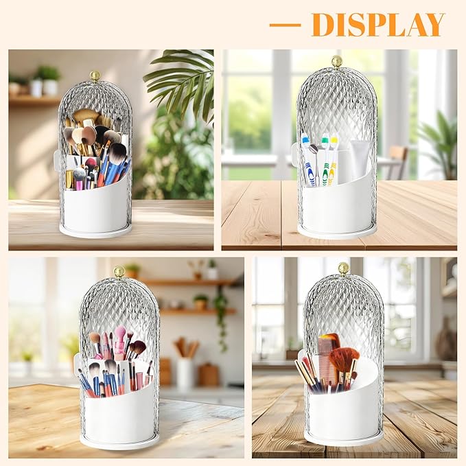 360 Rotating Makeup Brush Holder Organizer With Lid - Multifunctional Toothbrush Holder With Cover For Bathroom Countertop - Dustproof Storage For Make Up Brushes Toothbrush Toothpaste (White)
