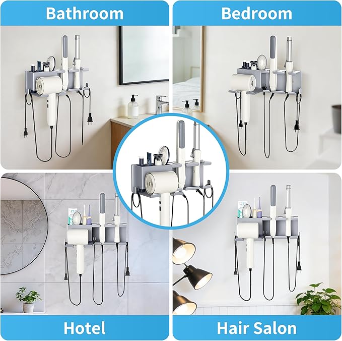 BOIVSHI Blow Dryer Holder, 2 Installation Methods (Adhesive & Screws) Hair Dryer Holder Wall Mounted, Metal Hair Tool Organizer for Curling Iron, Straightener, Bathroom Wall Organizer, Gray