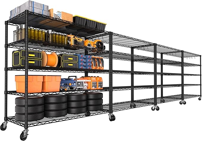 PrimeZone 4 Packs 48" W x 24" D x 81" H Heavy Duty Wire Storage Shelves with Wheels, 5 Tier Adjustable NSF Certified Garage Shelving Unit, Rolling Metal Organizer Shelf Rack for Warehouse, Restaurant