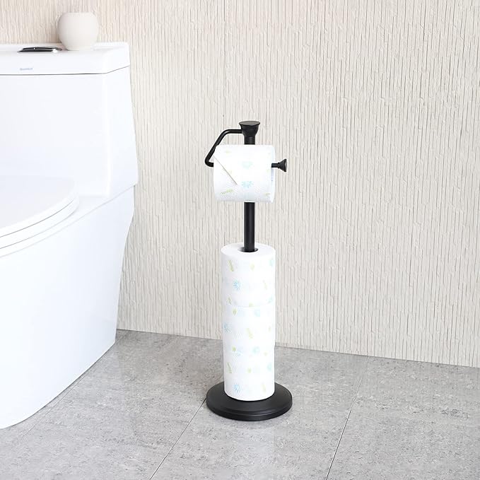 ZCCZ - Free Standing Toilet Paper Holder Stand with Reserve, Bathroom Tissue Dispenser Storage for 5 Mega Rolls, Black Toilet Paper Roll Organizer for Modern Bathrooms