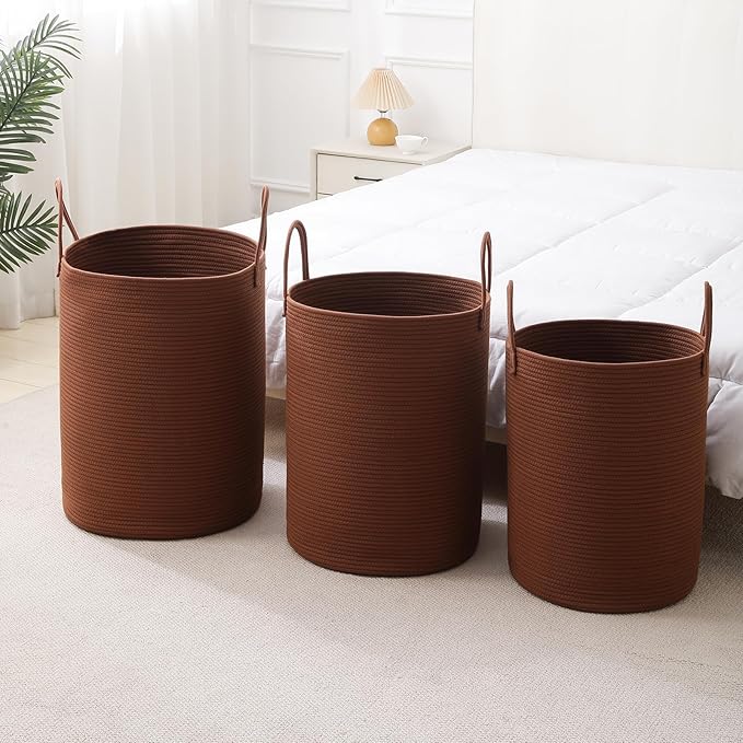Laundry Basket Hamper Tall Rope Storage Woven for Blanket toys Dirty Clothes in Living Room Bathroom Bedroom (Dark Brown, 100L/26.4Gal)