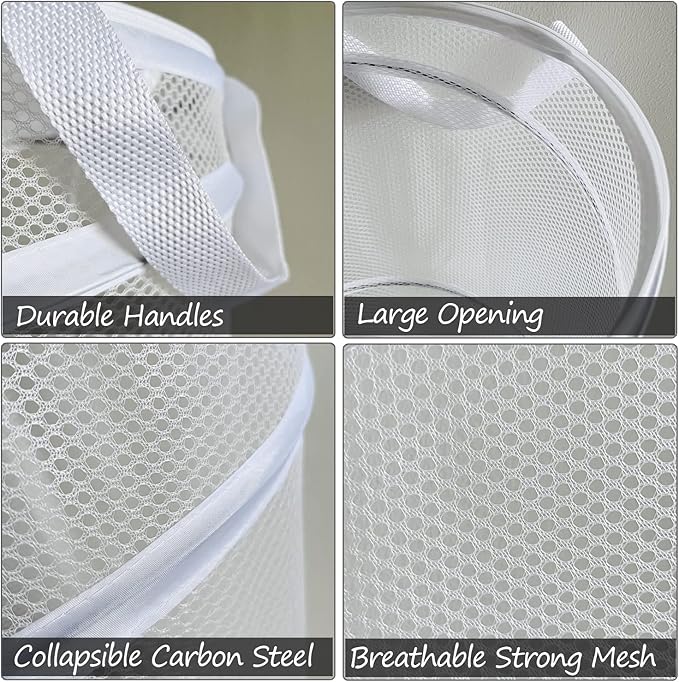 BATTOO Collapsible Laundry Basket Foldable Mesh Pop Up Hamper with Handles for Laundry Room, Bathroom, Kids Room, College Dorm, Travel, Storage Organizer White