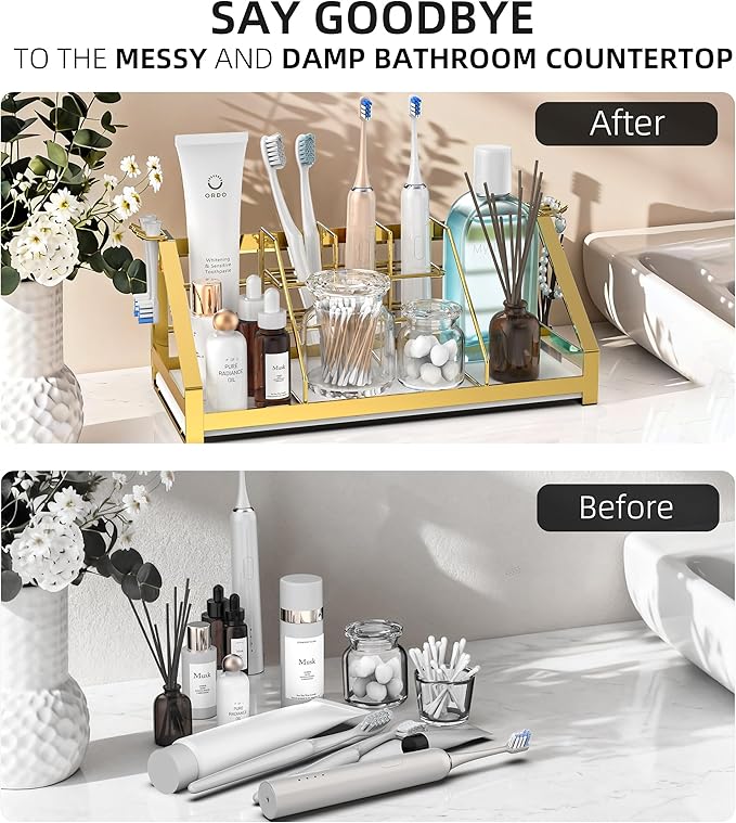 Toothbrush Holders Bathroom Counter Organizer and Storage with Removable Electric Toothbrush Head Holder and Divider, Bathroom Organizer with Diatomite Drying Stone Mat for Vanity, Kitchen, Dresser