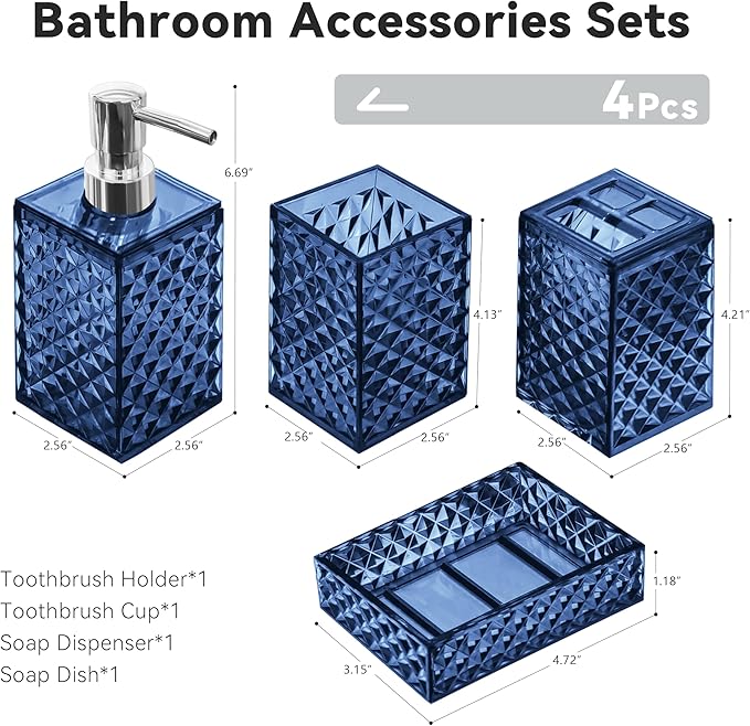 Bathroom Accessory Set, 4 PCS Blue Bathroom Accessories Sets, Soap Dispenser and Toothbrush Holder Set, Soap Dish and Mouthwash Cup, Boho Bathroom Decor, Plastic Bathroom Sets Accessories