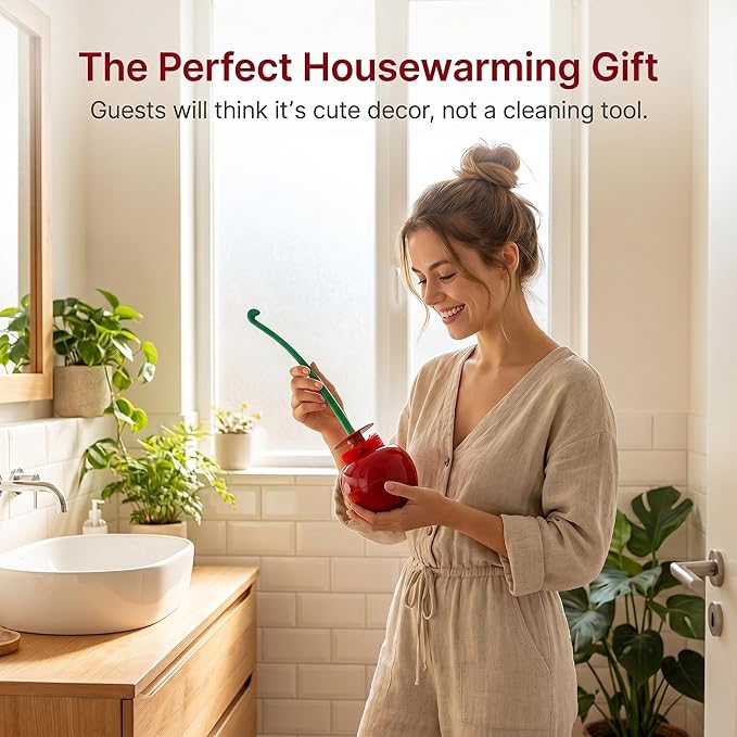 Toilet Bowl Brush with Holder Set: 360°Under Rim Toilet Scrubber Cute Cherry 2pcs-Heavy Duty Scrubbing Bristles for Apartment Bathroom