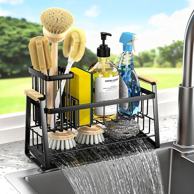 Housolution Sink Caddy Organizer, 2-Tier Sponge Holder for Kitchen Sink with Flexible High Brush Holder, Kitchen Countertop Storage Accessories, Soap Dispenser Organizer, Rustproof