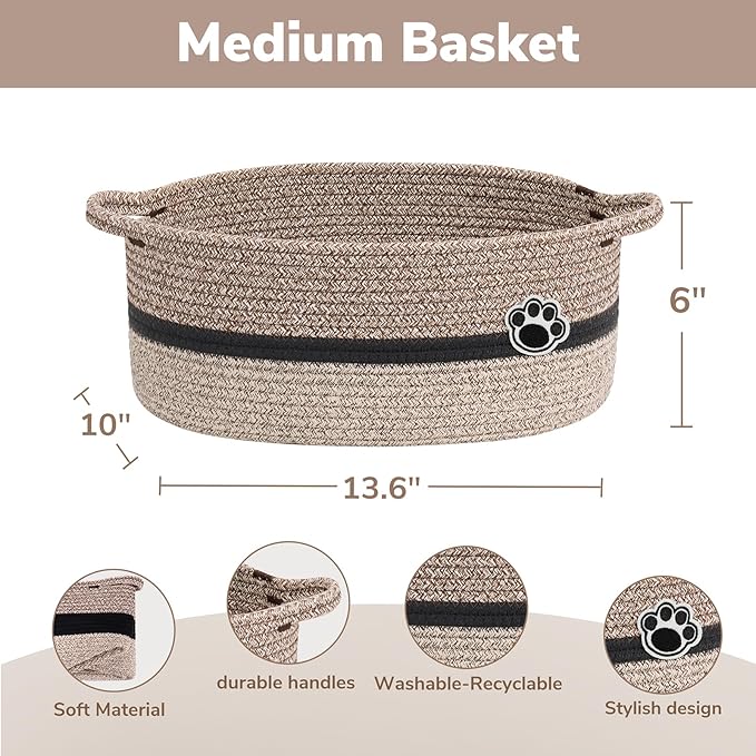 Dog Toy Basket, Baby Boy Shower Gifts Basket for Nursery Bedroom, Dog Storage Bins with Handles, Woven Rope Baskets for Pet Cat Organizer, 13.6"x 10" x 6"