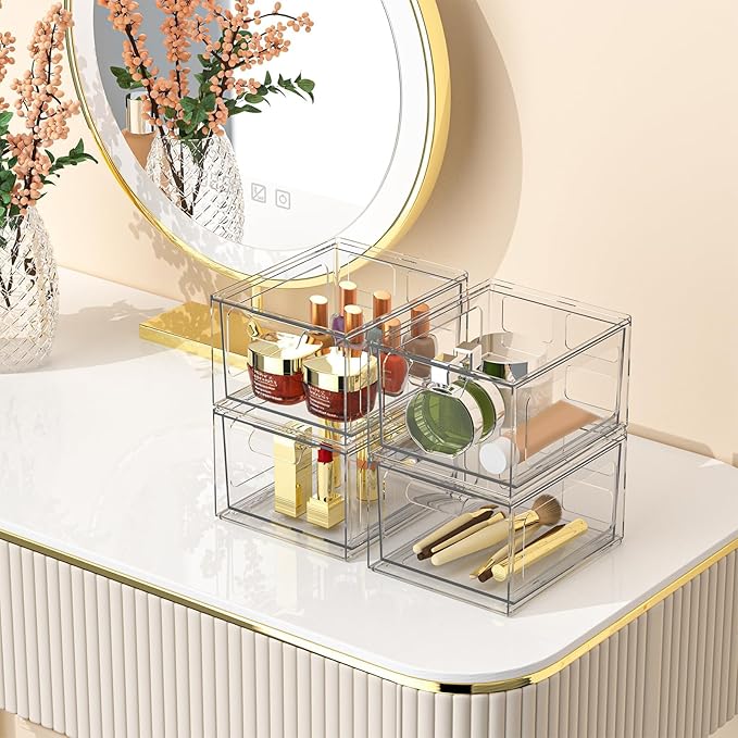 SpaceHacks 4 Pack Stackable Plastic Makeup Organizer Drawers, Acrylic Organizers, Clear Storage Bins with Pull-Out Handles for Vanity, Kitchen Cabinets, Pantry