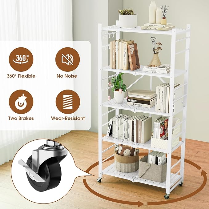 5-Tier Folding Metal Storage Shelf with Wheels & Hooks, Heavy Duty Utility Rack, No-Assembly Collapsible Organizer for Kitchen, Garage, Office, Living Room – 750 lbs Capacity, Black (White, 5-Tier)