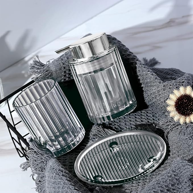 CERBIOR Bathroom Accessories Set, 4 Pcs Glass Accessories Sets Includes Soap Dispenser, Toothbrush Holder, Toothbrush Cup, Soap Dish for Decorative Countertop and Housewarming Gift,Silver Grey