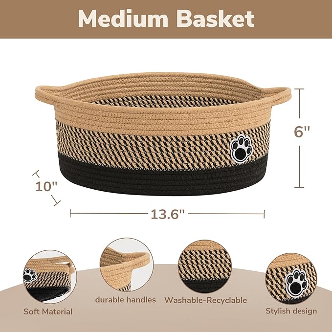 Dog Toy Basket, Woven Storage Baskets for Dog Cat Organizer, Baby Boy Shower Gifts Basket for Bathroom, Nursery Toy Baskets Storage Kids, 13.6"x 10" x 6", Black & Brown