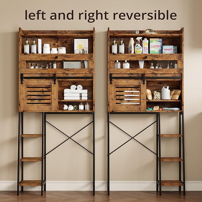 IRONCK Over The Toilet Storage Cabinet with Sliding Barn Door, 5-Tier Farmhouse Bathroom Organizer with Side Open Shelves, Freestanding Space Saver, Adjustable Shelf, Vintage Brown