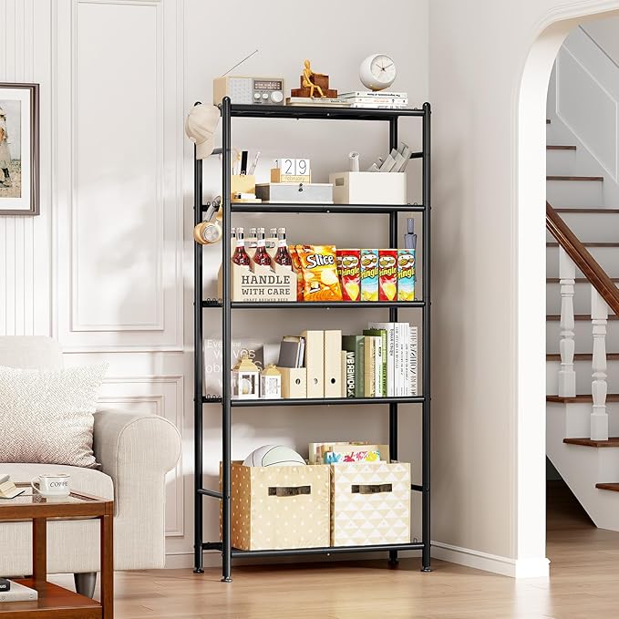 APEXCHASER Metal Shelving, 5-Tier Storage Shelves Large Capacity Steel Wire with Hooks, Adjustable Leveling Feet, Space-Saving Shelf Organizer for Pantry, Laundry, Kitchen (33''Lx12.6''Wx71.5''H)