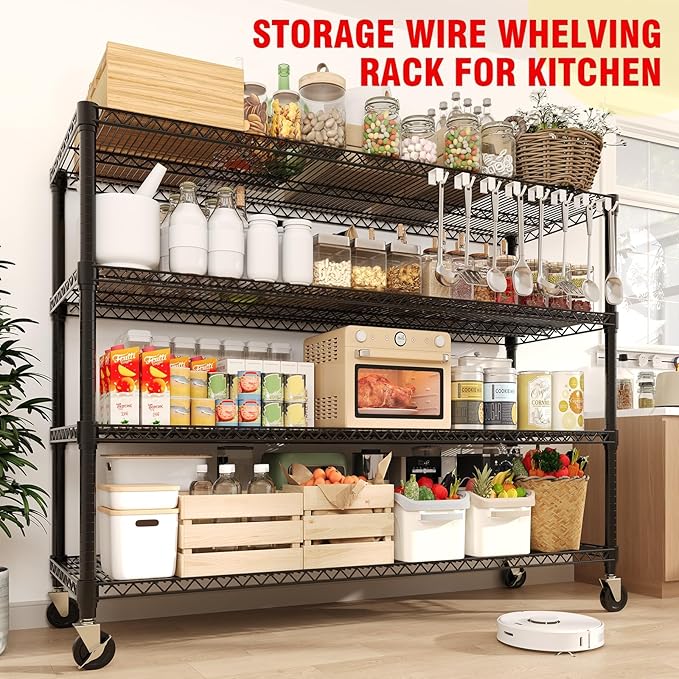 4-Tier Tall Steel Wire Shelving Unit with Wheels, Heavy Duty Storage Rack, 2640 Lbs Capacity, Adjustable Industrial Shelves for Garage, Workshop, or Warehouse