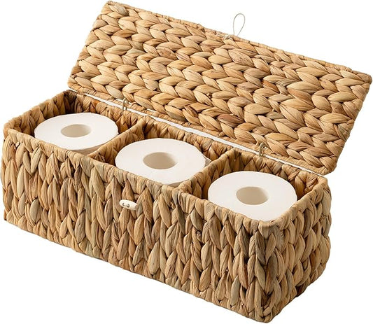 StorageWorks Toilet Paper Storage Basket with Lid, Large Wicker Baskets with 3 Compartments, Water Hyacinth Toilet Tank Basket for Shelves, Bathroom Organizer, 16½"x 5½"x 5½, 1-Pack