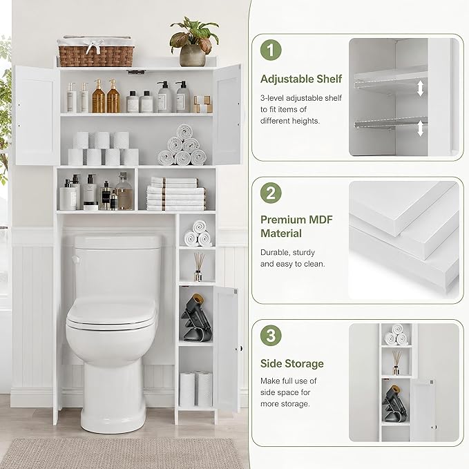 Homhedy Over The Toilet Storage Cabinet with 2 Barn Door and Toilet Paper Holder Stand, FreeStanding Toilet Shelf Space Saver, for Bathroom, Restroom, Laundry, White