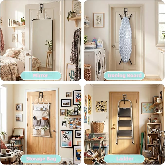Over The Door Hooks - 2 Pack Heavy Duty Triple-Hook Organizer Hanger with Rubber for Towels, Clothes, Hats & Bags Use in Bathroom, Bedroom, Kitchen - Fits Interior Doors (Black, Shape A)