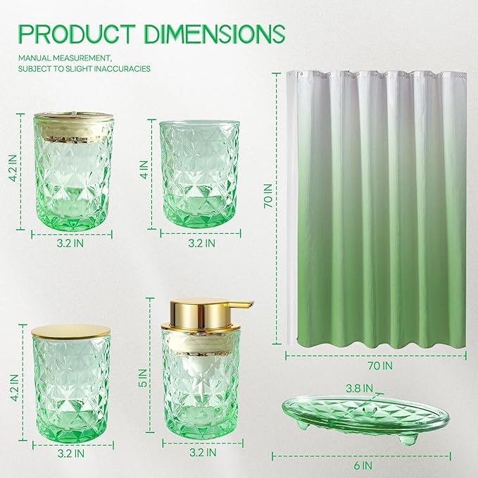 Green Bathroom Accessories Set with Shower Curtain and Liner, 7-Piece Bathroom Decor Set, Soap Dispenser, Toothbrush Holder, Soap Dish, Vanity Tray, Complete Bathroom Makeover Set