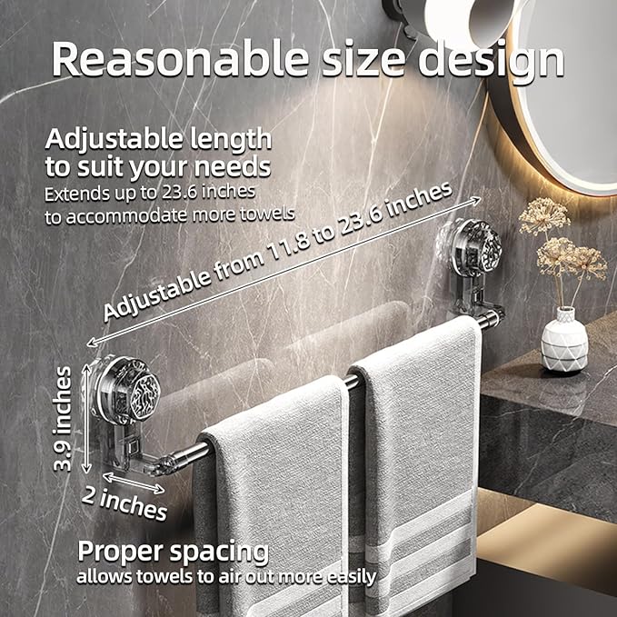 Adjustable Suction Cup Towel Rack, 11.8-23.6 Inch Extendable Towel Bar for Bathroom, Rustproof Telescopic Towel Hanger Wall Mounted Without Drilling, Strong Hold Shower Towel Storage