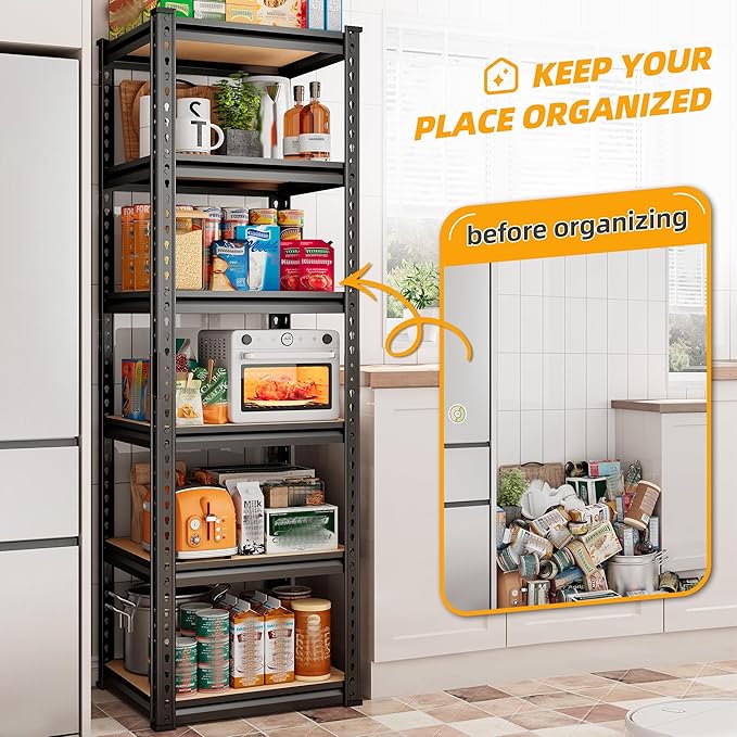 REIBII Storage Shelves 6 Tier Garage Shelving, Adjustable Shelving Units Loads 2256LBS, Narrow Shelves Units and Storage for Kitchen, Pantry, Garage, Closet, Basement, 16" W x 16" D x 72.2" H