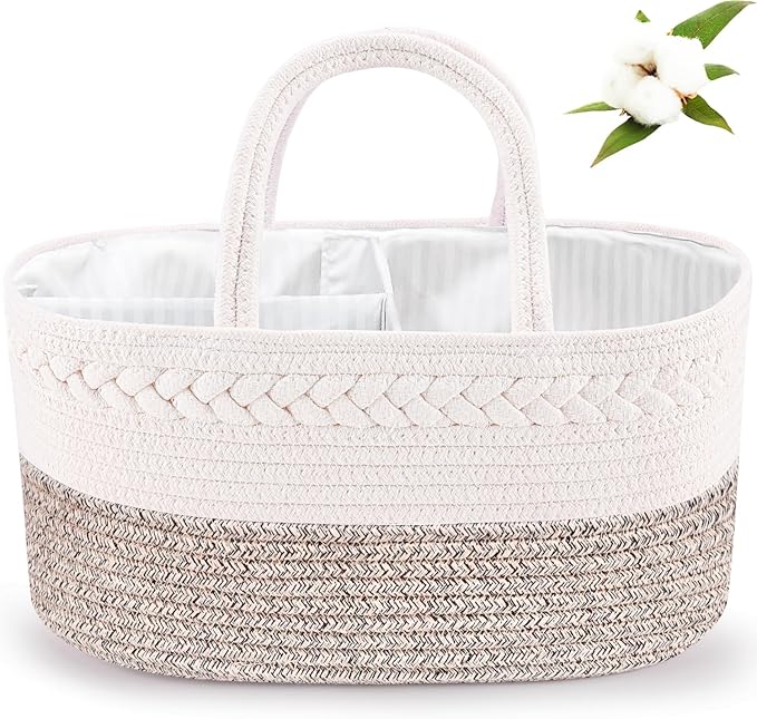 ABenkle Diaper Caddy Organizer, Boho Rustic Cotton Rope Nursery Baby Basket, Changing Table Organizer for Baby Diaper Storage and Baby Shower