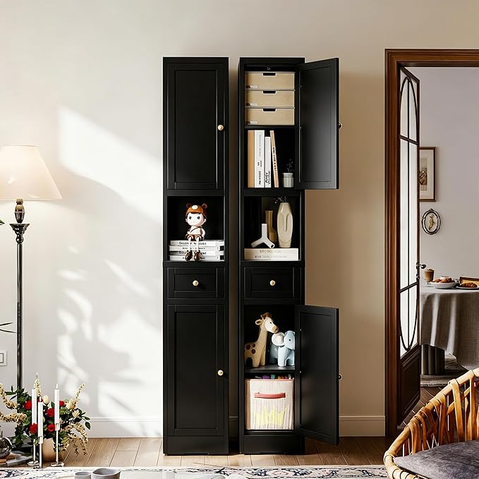 71 Inch Tall Narrow Bathroom Storage Cabinet, Slim Metal Freestanding Floor Cabinet with Doors, Adjustable Shelves, Drawer & Open Shelf, Bathroom Organizer for Small Spaces, Black