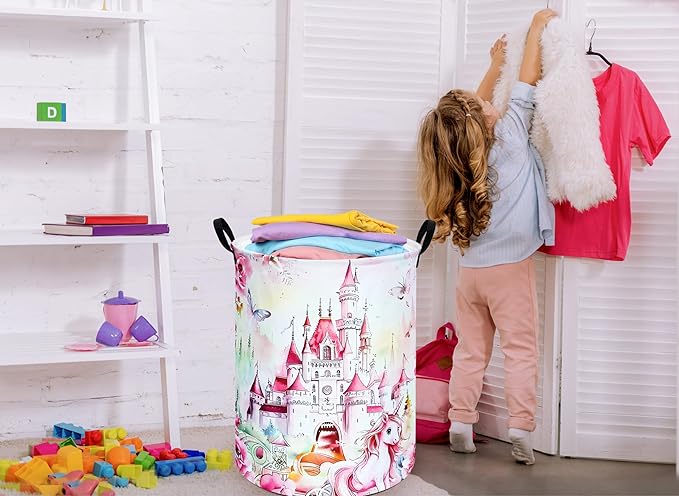 Round Castle Pattern Laundry Hamper Clothes Storage Basket Fabric Storage Hamper Organization Storage Bin, Nursery Box,Gift Basket with Handles