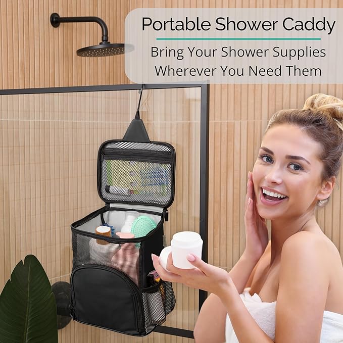 TERRA HOME Original Portable Shower Caddy For College Dorms - Foldable Mesh Tote - Dorm Room Essentials - Durable Hanging Travel Shower Bag - Perfect for College Students, Men, Women (Black)
