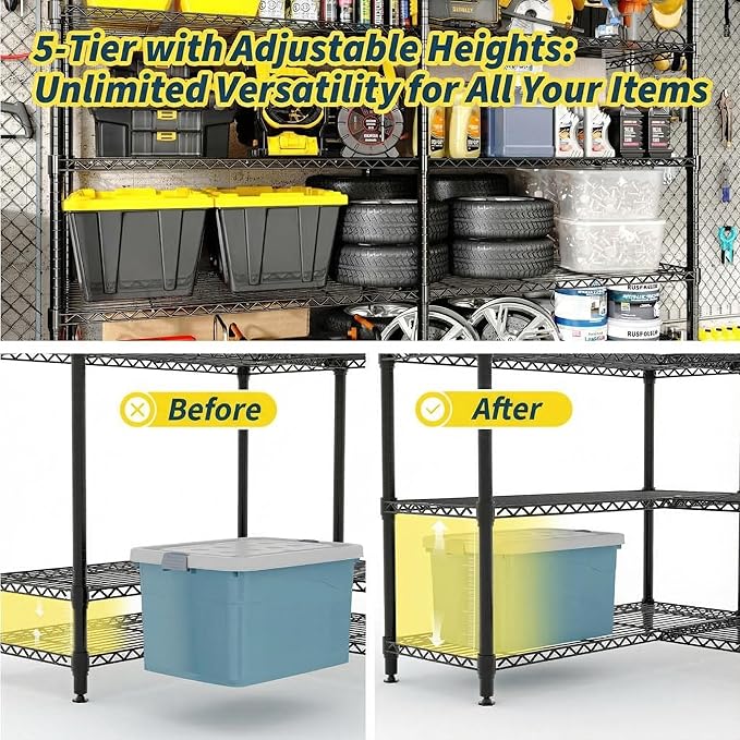 70" W Storage Shelves Metal Shelving Unit, 1325 LBS Heavy Duty Wire Shelving 5-Tier L-Shaped Storage Rack with Adjustable Shelf for Pantry Kitchen Corner