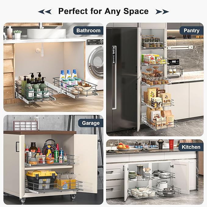 2 Tier Pull Out Cabinet Organizer - 11" W x 22" D Soft Close Slide Out Shelves with Shelf Liners - Pullout Drawers for Kitchen Cabinets, Pantry, Bathroom, Heavy Duty Steel Wire Baskets