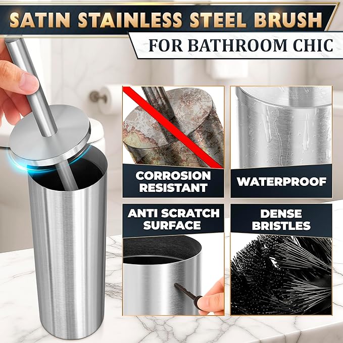 Stylish Stainless Steel Toilet Brush and Holder Set - Silver Toilet Bowl Brush and Holder with Splash Cover, Sturdy Bristles, Corrosion & Scratch Resistant - Elegant Design, Effective Deep Cleaning