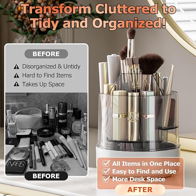 CTIME 360° Rotating Makeup Organizer, 5 Compartments Makeup Brush Holder, Cosmetic Storage for Lipsticks, Nail Polish, Makeup Organizer Countertop for Vanity, Desktop & Bathroom