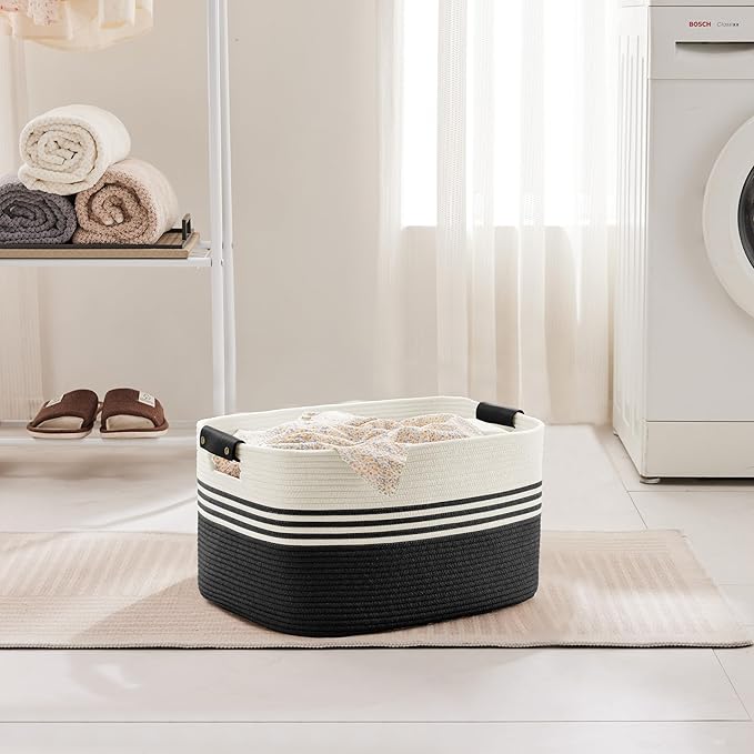 45L Small Laundry Basket with Leather Handles for Living Room Storage, Woven Rope Baskets Bin for Blanket, Kids Toy, Gifts, Wicker Hamper for Bedroom Dirty Clothes, 18"x14"x11" White Black