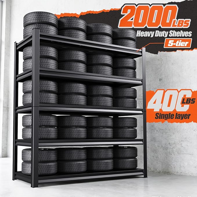 Garage Shelving, 5-Tier Garage Storage Shelves, 2000LBS Heavy Duty Shelves, 72" H x 59" W x 19.6" D Metal Shelving Unit, Utility Adjustable Storage Shelf for Warehouse, Basement, Closet