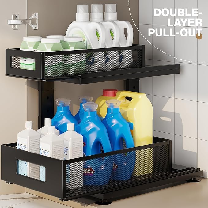 2 Pack Under Sink Organizer with Next-Gen Ball-Bearing Slides,2-Tier Pull Out Cabinet Storage,Height Adjustable Drawer Shelf for Bathroom,Kitchen,Laundry,Cabinet,Pantry(Patent Pending)