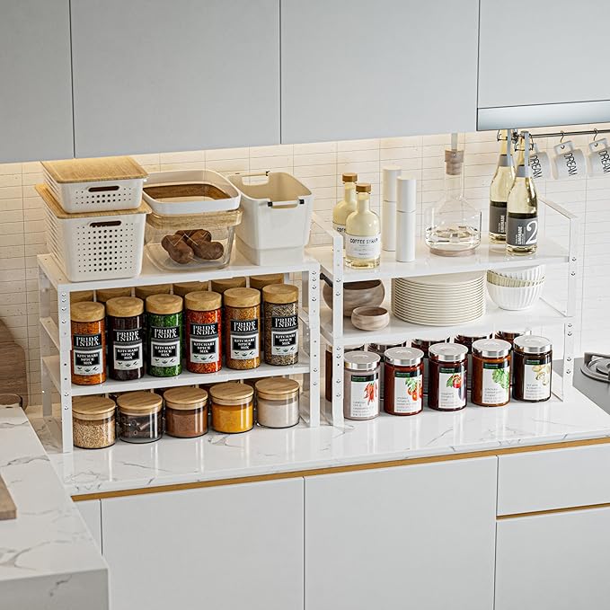 Jojocross Expandable,Stackable Spice Rack,Seasoning Organizer and Storage,Spices Jar Racks for Cabinet,Countertop, Metal Pantry, Cupboard,Laundry Storages,Heavy Duty(1 PACK/LARGE/WHITE)