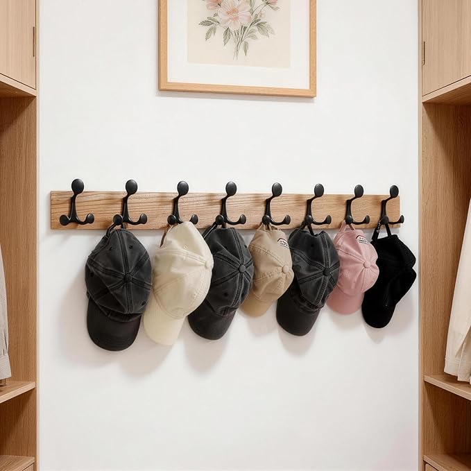 SKOLOO 43-Inch Wood Coat Rack Wall Mount with 8 Triple Hooks - Ideal for Family Entrances, Classrooms, and Pet Supplies Storage - Perfect Coat Hooks for Wall, Black on Natural