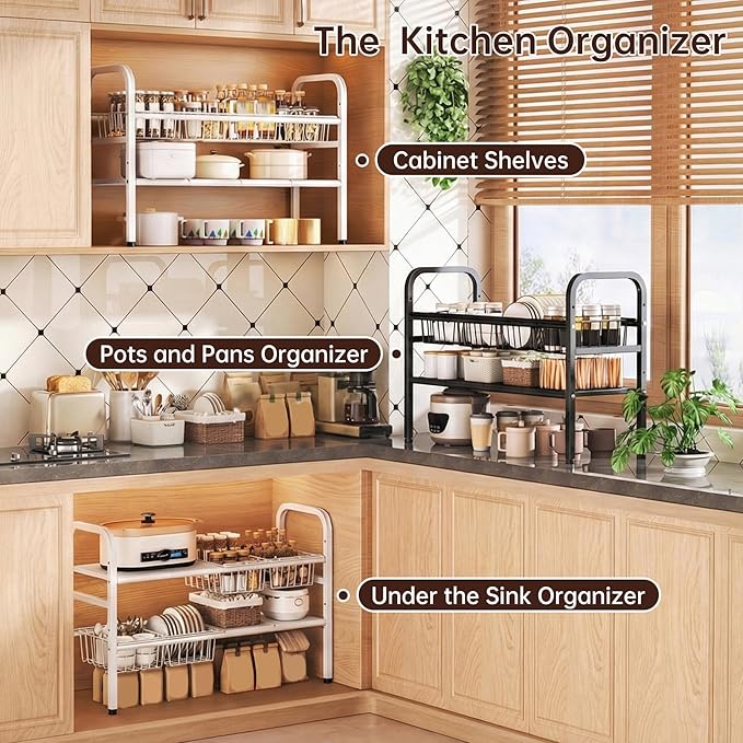 Under Sink Organizer Bathroom 2 Tier,Expandable and Height Adjustable Under Kitchen Sink Organize with Cupboard Shelf,for Kitchen, Bathroom,Laundry Pantry Cabinet,Apartment,White
