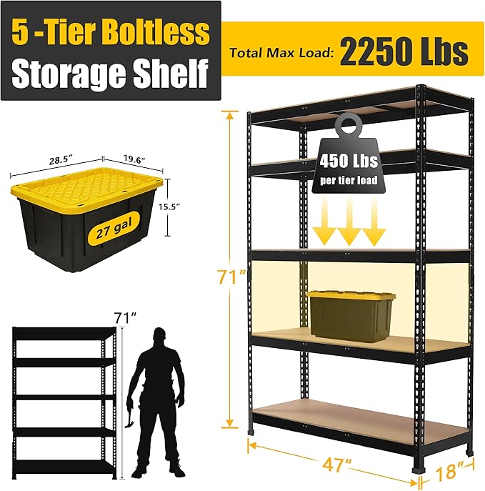 PrimeZone 2 Pack Heavy Duty Storage Shelves - 47"W x 18"D x 71"H 5 Tier Adjustable Garage Storage Shelving, Metal Utility Rack Organizer Shelf Unit for Warehouse Pantry Closet Kitchen Basement, Black