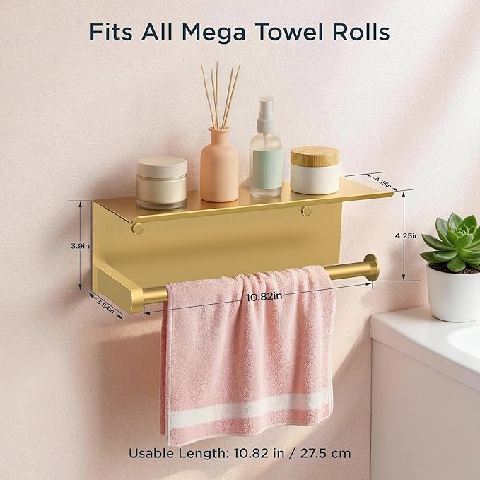 FORIOUS Paper Towel Holder with Shelf, SUS304 Stainless Steel Paper Towel Holder with Storage Shelf, Wall Mount Screw Paper Roll Organizer Commercial Paper Hand Towel Dispensers, Brushed Gold