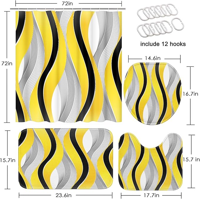 Yellow Striped Shower Curtain Set with Toilet Lid Cover and Non-Slip Rugs for Bathroom, Grey and Black Geometric Lines 4 Pcs Shower Curtain, Modern Yellow Bathroom Set with 12 Hooks