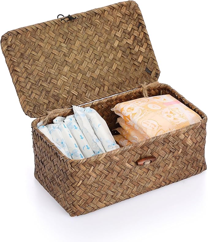 Sumnacon Small Wicker Basket with Lid Rectangle Woven Baskets for Toiletries Tampon Storage,Wicker Storage Basket with Lid,Decorative Seagrass Storage Baskets for Shelf Bathroom Toilet Table, Coffee