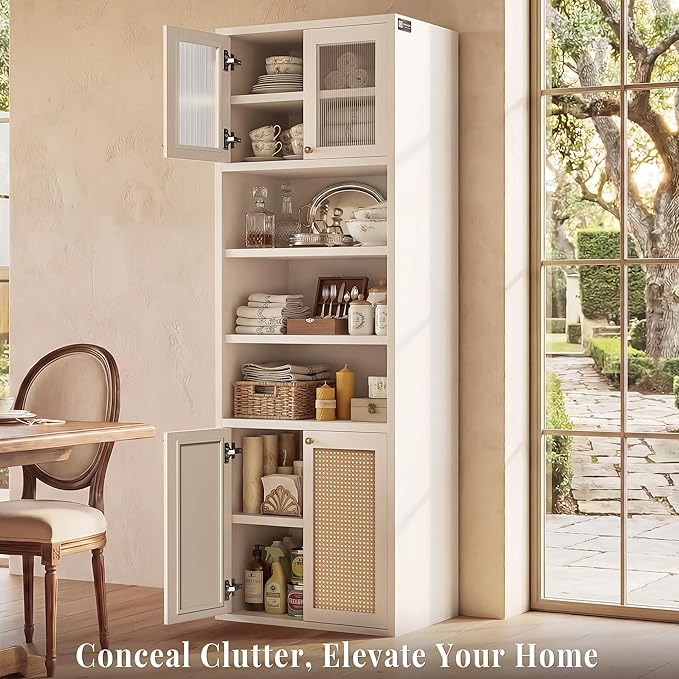 71.7" Tall Bathroom Storage Cabinet, Rattan Tall Freestanding Storage Cabinet with Doors, Adjustable Shelves and Anti-Tip Devices for Bathroom, Kitchen, Laundry Room, White