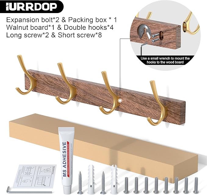 17 Inch Walnut Wood Wall Mounted Coat Rack with 4 Gold Double Hooks, Adhesive Mounted Entryway Hooks, Modern Natural Wooden Pegs for Hanging Coat Clothes Hat Bag Purse Key and Towel