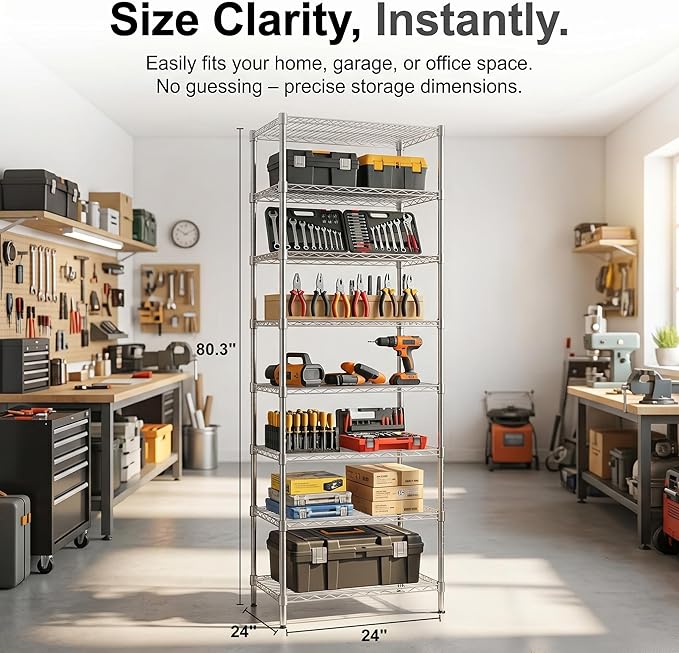 Finnhomy Heavy Duty 8 Tier Wire Shelving, 24x24x80.3 inches 8 Shelves Storage Rack with Thicken Steel Tube, Pantry Shelves for Storage, Adjustable Metal Shelving Unit, NSF Certified, Chrome