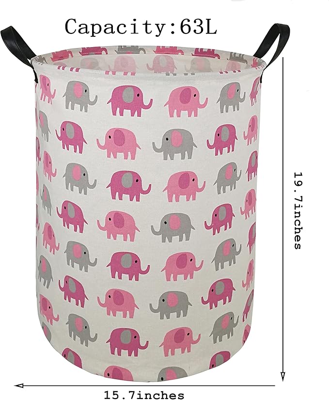 Round Pink Elephant PatternLaundry Hamper Storage Basket Fabric Material Storage Hamper Organization Basket, Storage Bin, Gift Box with Handles for Room